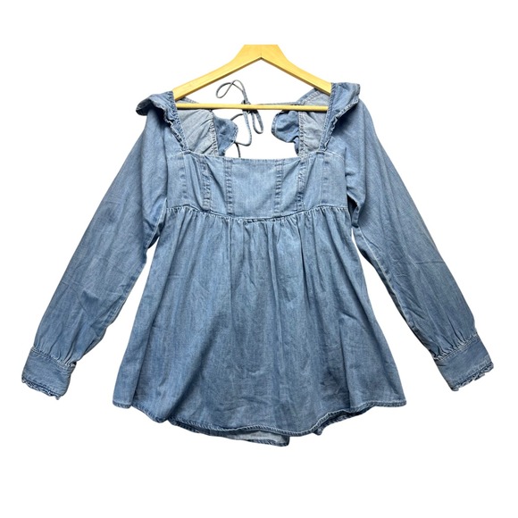 Free People XS Chambray Denim Ruffle Collar Cottagecore Long Sleeve Tie Back Top - Picture 3 of 14